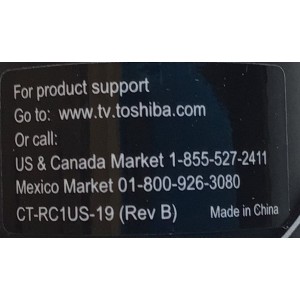 CONTROL REMOTO PARA TV TOSHIBA SMART TV / NUMERO DE PARTE CT-RC1US-19 / MODELOS 50LF621U19 / 55LF621U19 / 49LF421U19 / 49LF421U19